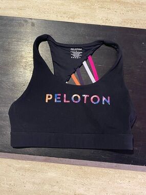 Peloton Black Sports Bra with Rainbow Logo and Colorful Straps